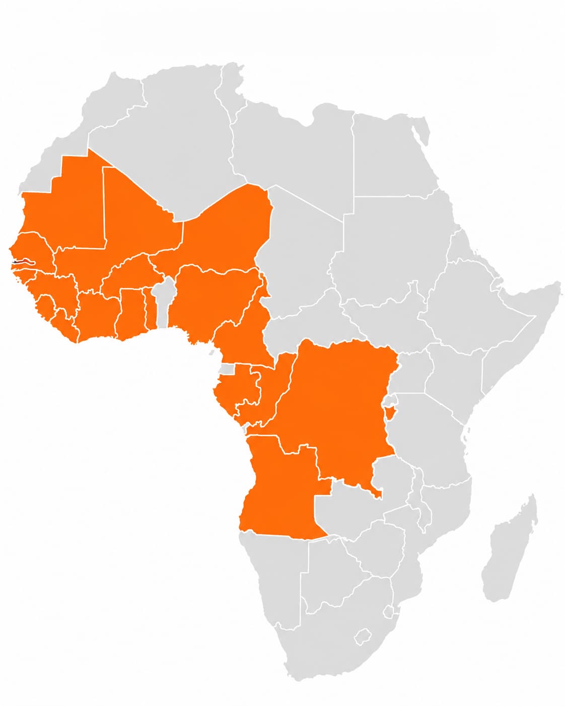 Carte d'Afrique — pays d'opération Patisen surlignés en orange